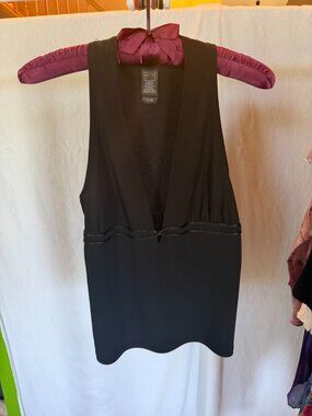 White House Black Market Black Deep V-Neck Faux Leather Trim Sleeveless Tank Top